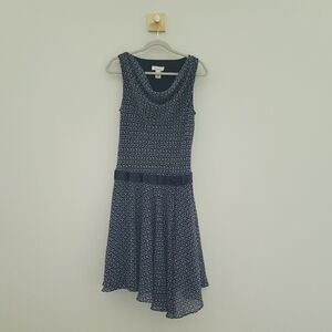 Miss Dorby Vintage Petite Asymmetrical Midi Dress 12P Blue White Sleeveless Bow